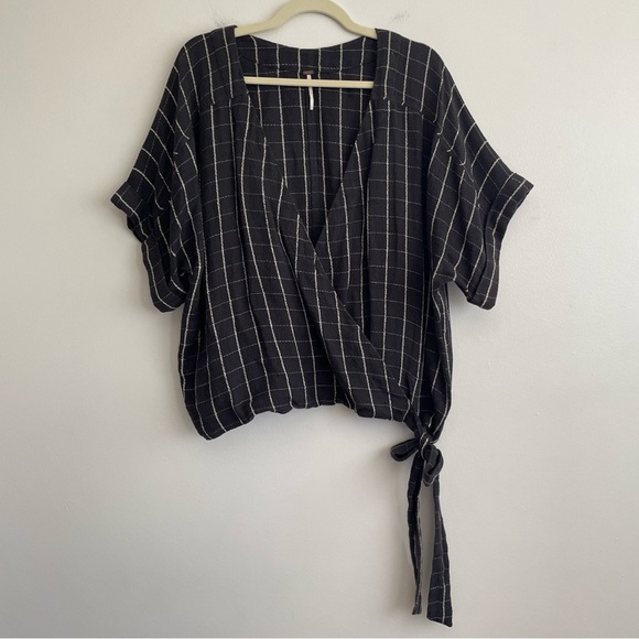 Free People Made In The Shade Linen Wrap Top black white plaid large blouse soft - Picture 5 of 15